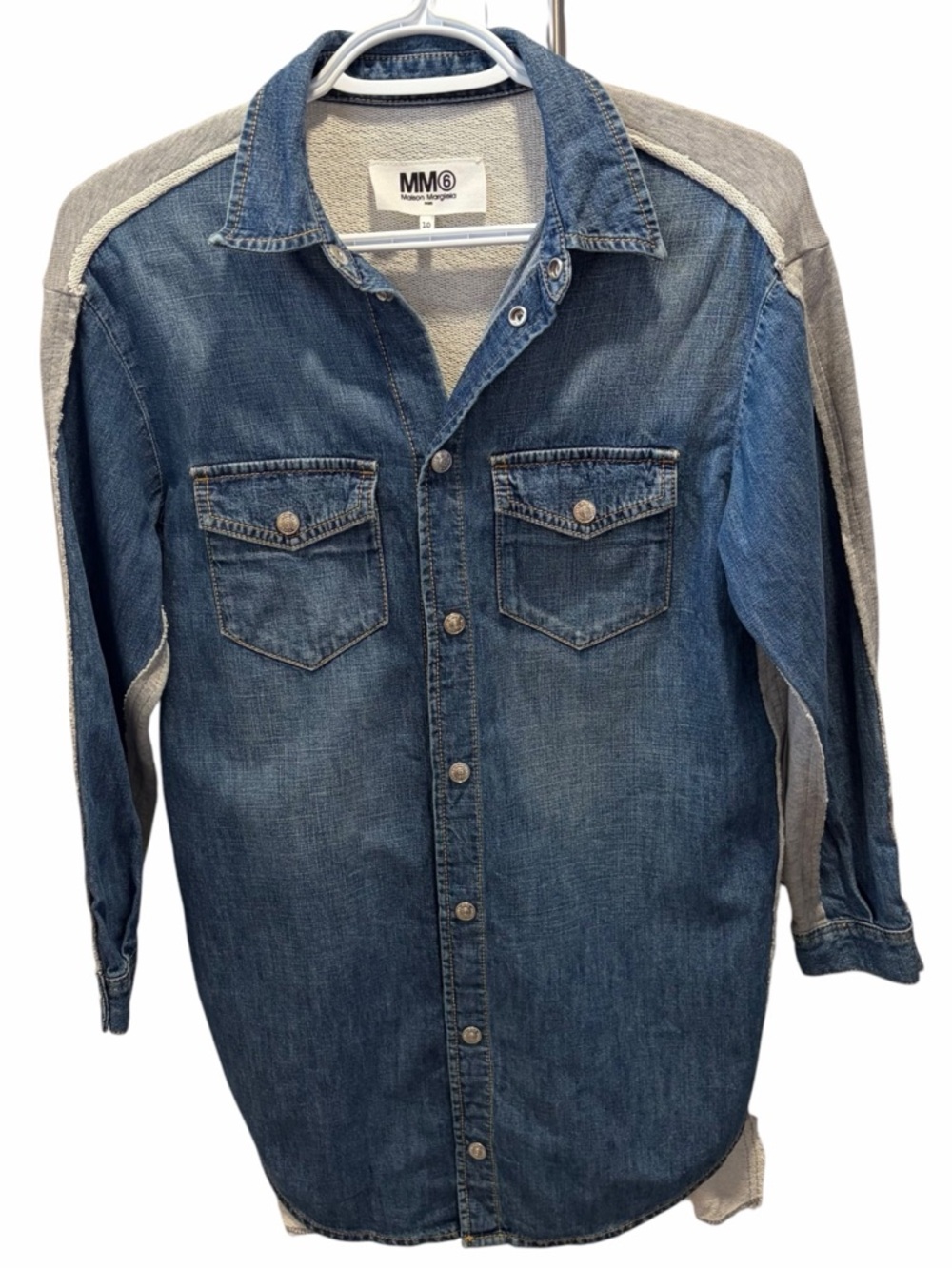 Maison Margiela MM6 Denim Button-Up Shirt Dress in Mid Blue with Gray Sleeves